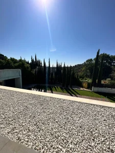 Vista exterior del jardín mediterráneo con cipreses, vegetación y cielo despejado.