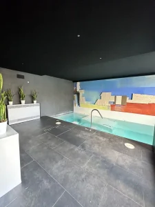 Piscina interior climatizada con pavimento oscuro, plantas decorativas y mural de colores en la pared.